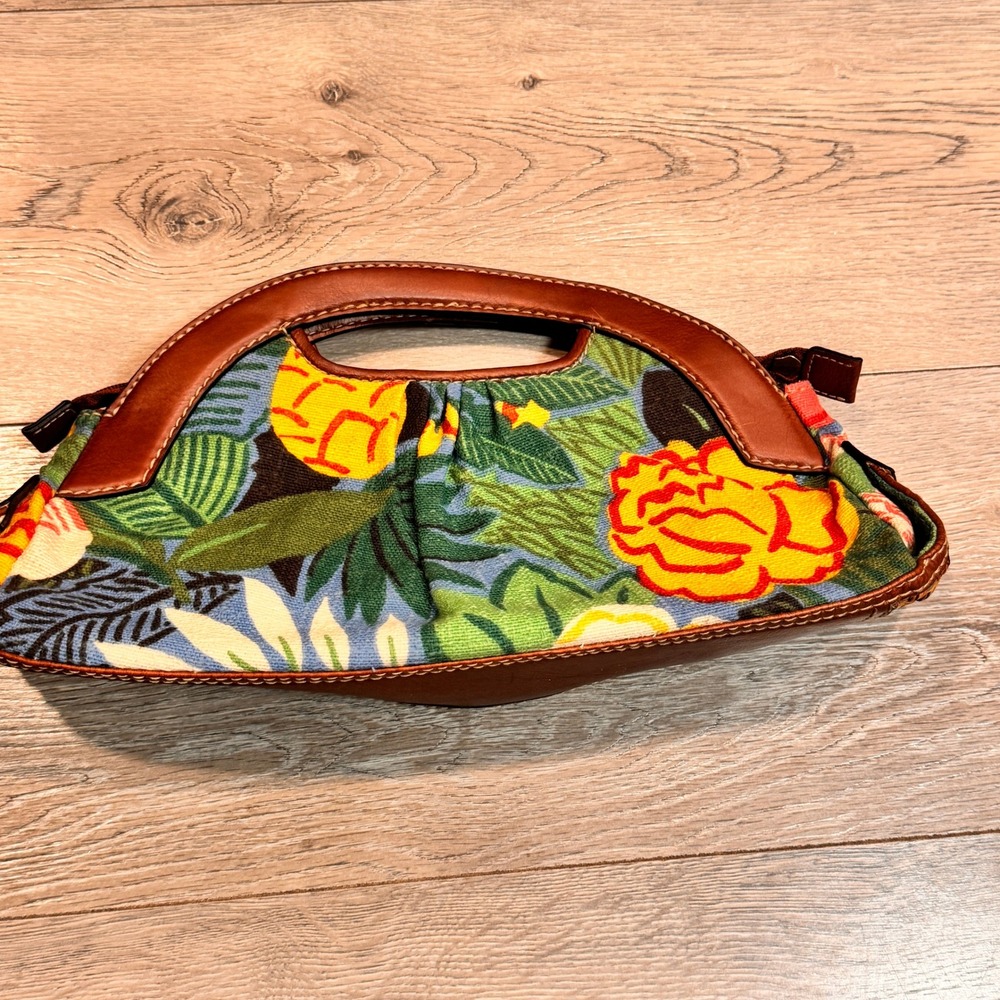 Fossil Modern Tropical Floral‎ Clutch Handbag Brown Leather Trim